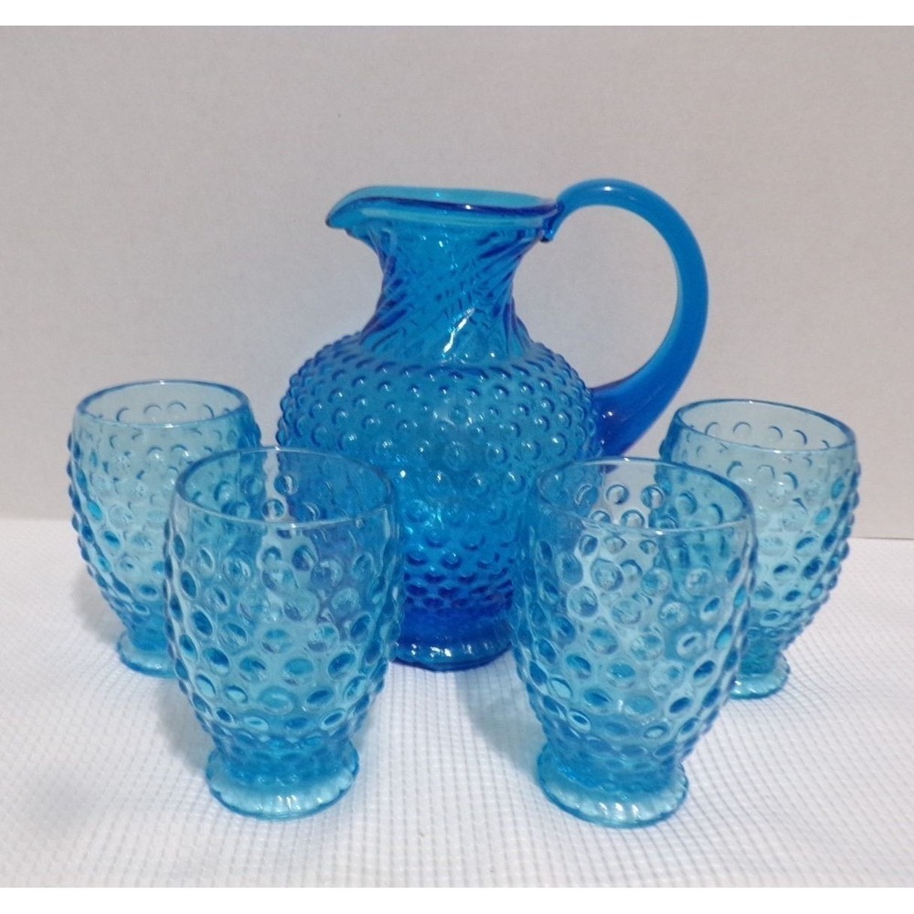 Indiana Tiara Hobnail  1980 Vintage Bubble Glass Pitcher & 4 - 8oz Glasses